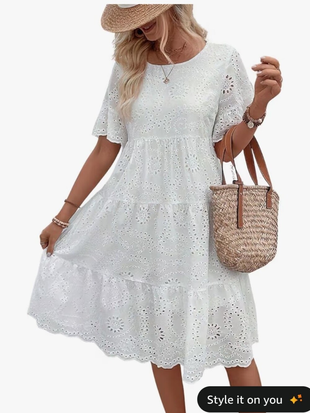 White Eyelet Tiered Midi Dress And Wicker Bag - Women #99